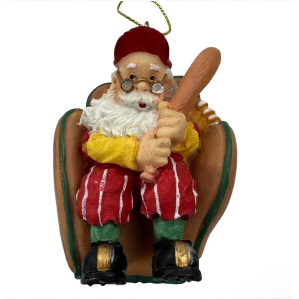 Vintage Baseball Santa Ornament Santa Holding Bat in Glove Chair Sports Xmas